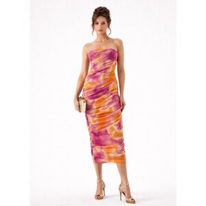 NWT Zara Tulle Ruched Strapless Midi Dress Pink Orange Vacation Party M New